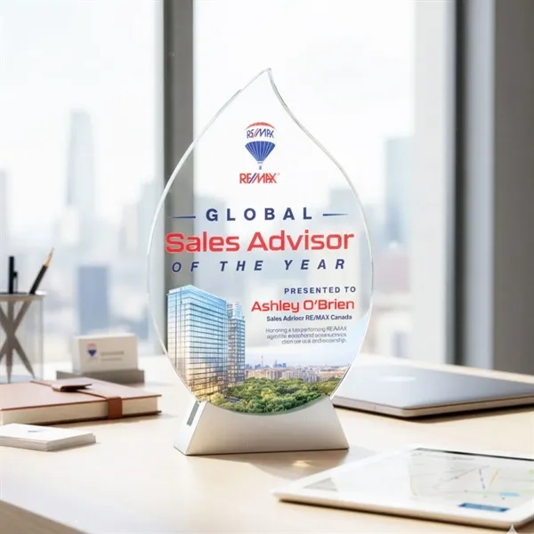 The stunning starfire crystal Carmack VividPrint™ Award features a graceful flame/teardrop... from ASI 84592 St Regis Group / St Regis