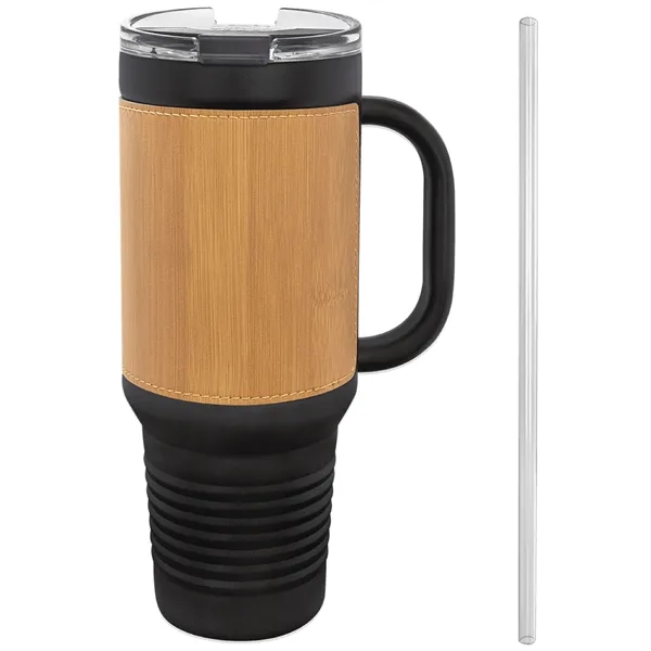 40 oz. black stainless steel travel mug w/ Leatherette with double-wall... from ASI 74601 Calico