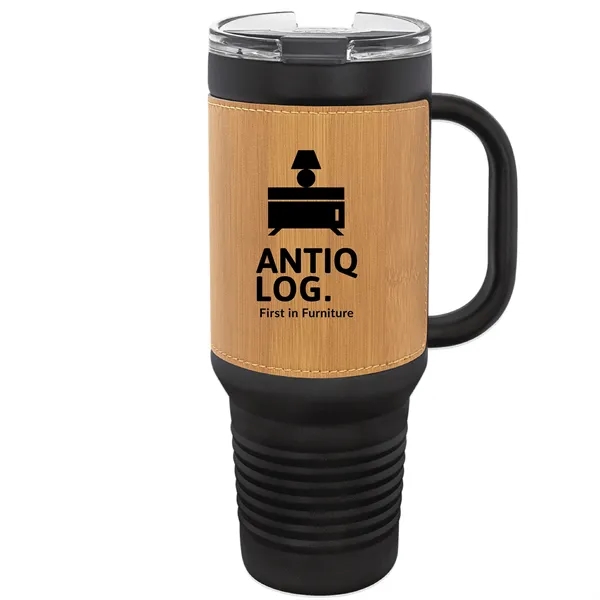 40 oz. black stainless steel travel mug w/ Leatherette with double-wall... from ASI 74601 Calico