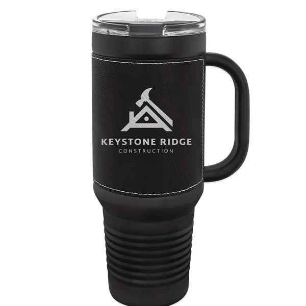 40 oz. black stainless steel travel mug w/ Leatherette with double-wall... from ASI 74601 Calico