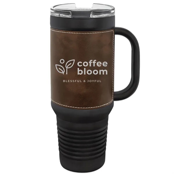 40 oz. black stainless steel travel mug w/ Leatherette with double-wall... from ASI 74601 Calico