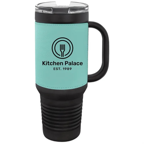 40 oz. black stainless steel travel mug w/ Leatherette with double-wall... from ASI 74601 Calico