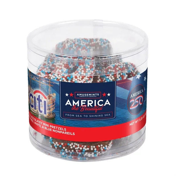 America 250- Round Acetate-Patriotic Nonpareil Mini Pretzels... from ASI 44900 NC Custom (CI/Lanco) / Chocolate Inn