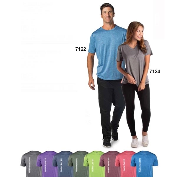 Ladies' heather, Playdry® tee with soft hand jersey fabric. V-neck collar.... from ASI 50930 Dunbrooke / Dunbrooke®