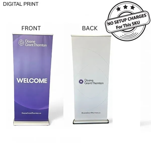 Double-sided deluxe retractable banner shows two graphics for visibility on both... from ASI 53509 FIEL-Fairdeal Import & Export