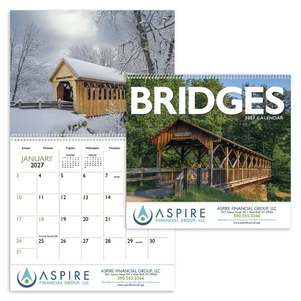 11 x 19 Bridges 2024 spiral-bound wall calendar on 70# glossy... from ASI 40480 Koozie Group / Norwood Triumph Calendar