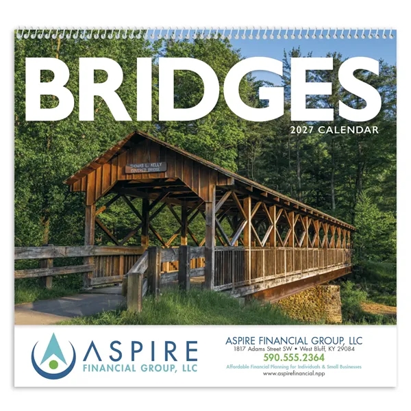 11 x 19 Bridges 2024 spiral-bound wall calendar on 70# glossy... from ASI 40480 Koozie Group / Norwood Triumph Calendar