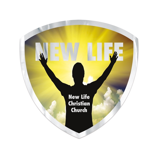 3" x 3" shield shaped chrome polyester decal with permanent adhesive... from ASI 56950 Gill Studios Inc / Gill-Line®