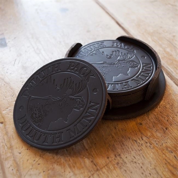 USA Made Leather Coasters with a custom debossed logos.... from ASI 46170 Compass Industries Inc