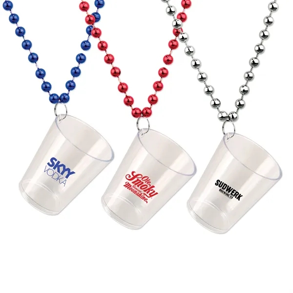 Our shot glass bead necklace measures 2oz, with 7mm, 33" beads.... from ASI 90859 Tempo Industries Inc / Tempo