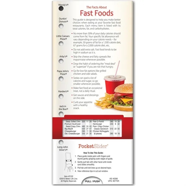Pocket Slider - Fast Foods: Carbs, Calories, and Fat... from ASI 54100 Fields Manufacturing Inc / Better Life Line