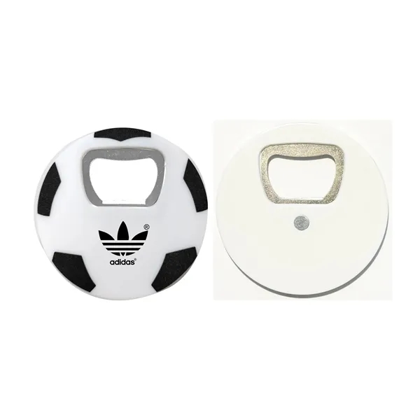 Magnetic soccer ball bottle opener with sturdy metal opener, compact design... from ASI 74585 Nu Promo International / Nu Promo Line