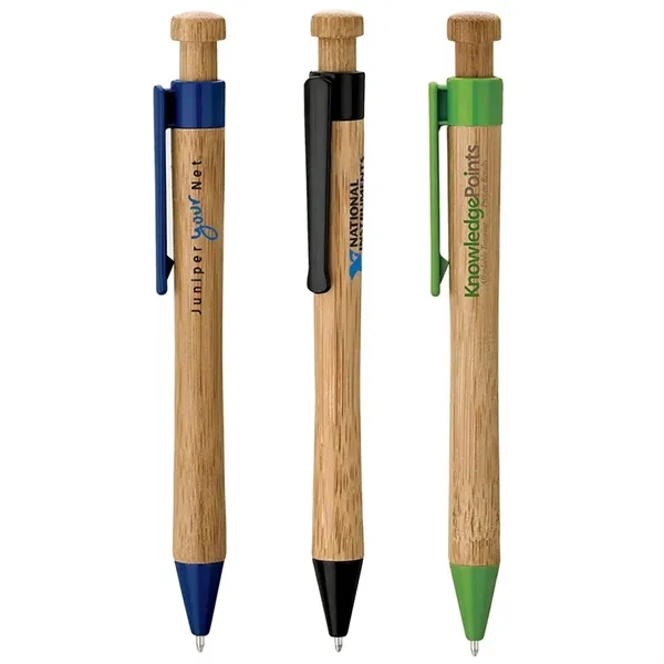 Plunger action ballpoint pen with smooth bamboo body, PLA plastic clip... from ASI 67866 Logomark/Valumark