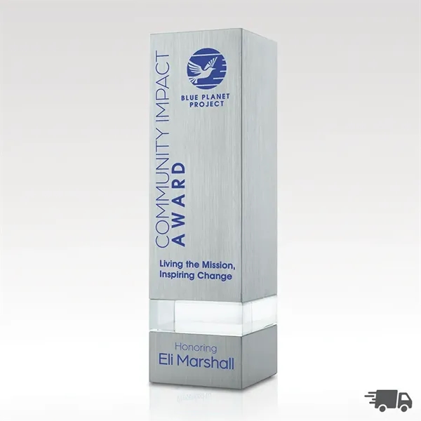 Rectangular tower shaped silver aluminum with clear optical crystal accent.... from ASI 93986 Visions/Awardcraft / Visions Awards