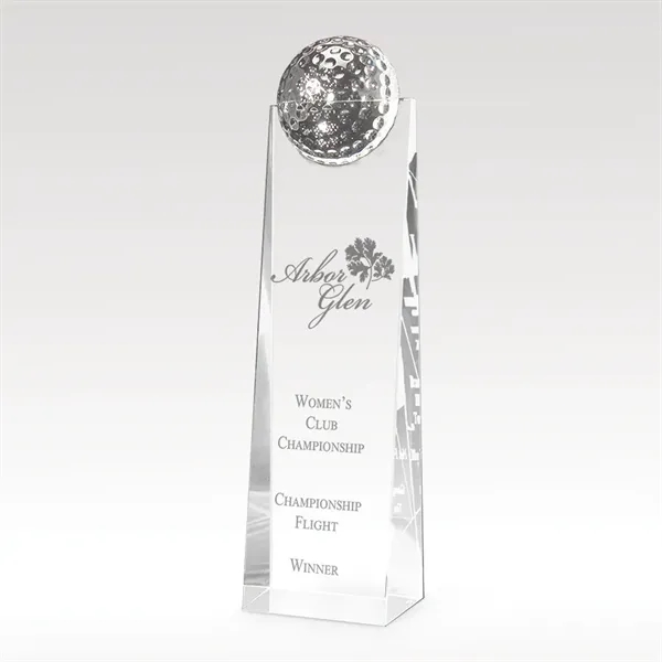Optical crystal tower that features a detailed golf ball accent and... from ASI 93986 Visions/Awardcraft / Visions Awards