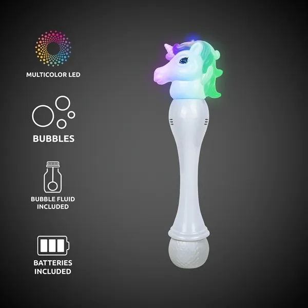 Light-up LED bubble wand with white plastic unicorn head, built-in LEDs... from ASI 42016 Brighter Promotions Inc