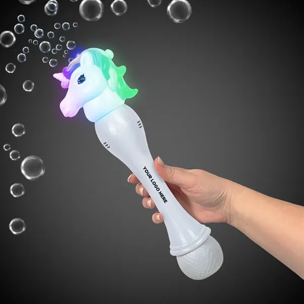 Light-up LED bubble wand with white plastic unicorn head, built-in LEDs... from ASI 42016 Brighter Promotions Inc