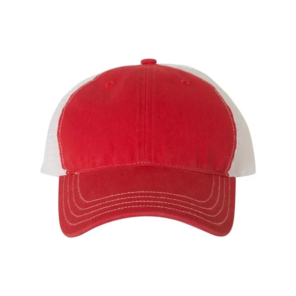 Washed trucker cap with a cotton front, mesh back, snapback closure,... from ASI 84358 S&S Activewear