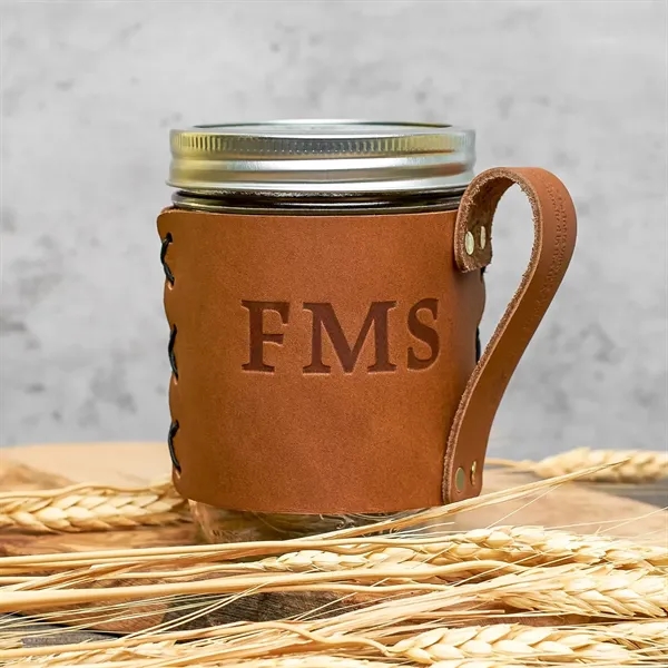 100% Genuine Leather "Wide Mouth" Mason Jar Sleeve with handle fits... from ASI 75126 Oowee Products
