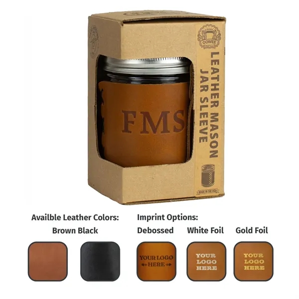 100% Genuine Leather "Wide Mouth" Mason Jar Sleeve with handle fits... from ASI 75126 Oowee Products