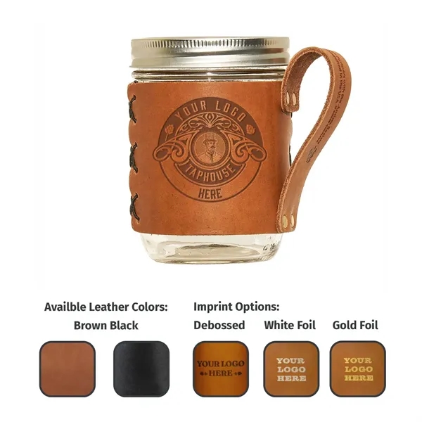 100% Genuine Leather "Wide Mouth" Mason Jar Sleeve with handle fits... from ASI 75126 Oowee Products