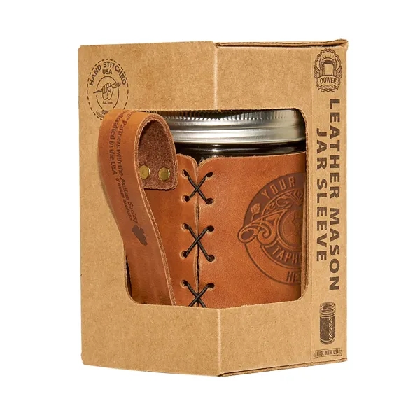 100% Genuine Leather "Wide Mouth" Mason Jar Sleeve with handle fits... from ASI 75126 Oowee Products