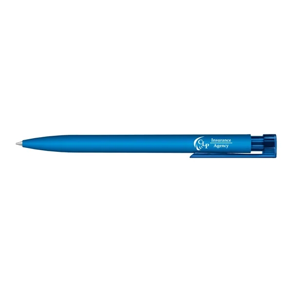 Soft touch plunger action ballpoint with glossy transparent barrel and pocket... from ASI 68507 The Magnet Group / Castelli