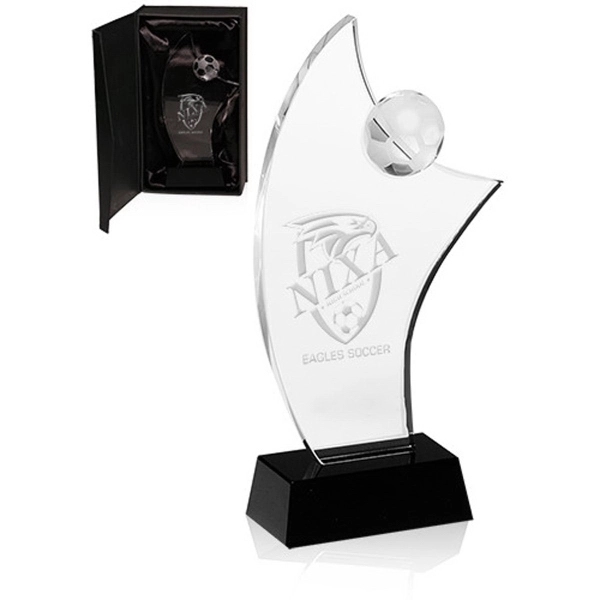 Soccer themed crystal glass award with customizable black base.... from ASI 39552 BEL Promo