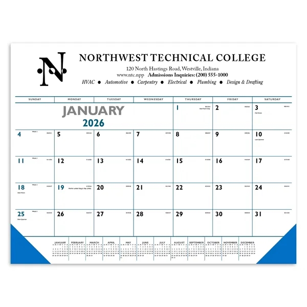 Blue & Black Desk Pad with Vinyl Corners... from ASI 40480 Koozie Group / Norwood Triumph Calendar