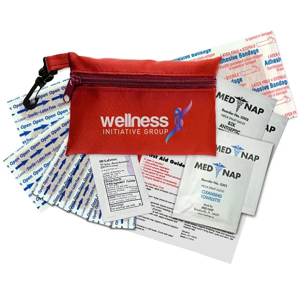 Brightly colored polyester first aid zip bag with hang clip. Convenient,... from ASI 40480 Koozie Group