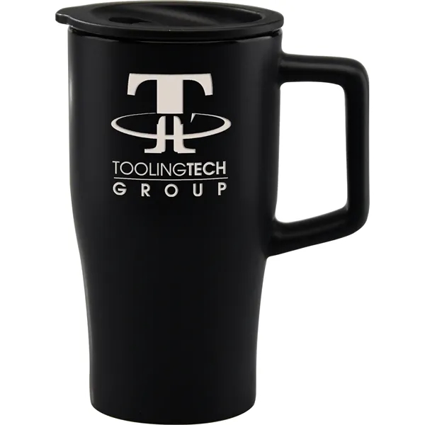 Sleek ceramic retro shape travel tumbler with color-coordinated plastic, push-on, thumb-slide... from ASI 71920 Moderne Glass Company Inc