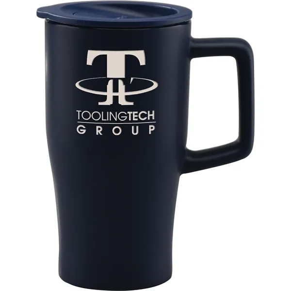 Sleek ceramic retro shape travel tumbler with color-coordinated plastic, push-on, thumb-slide... from ASI 71920 Moderne Glass Company Inc