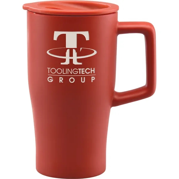 Sleek ceramic retro shape travel tumbler with color-coordinated plastic, push-on, thumb-slide... from ASI 71920 Moderne Glass Company Inc