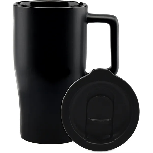 Sleek ceramic retro shape travel tumbler with color-coordinated plastic, push-on, thumb-slide... from ASI 71920 Moderne Glass Company Inc