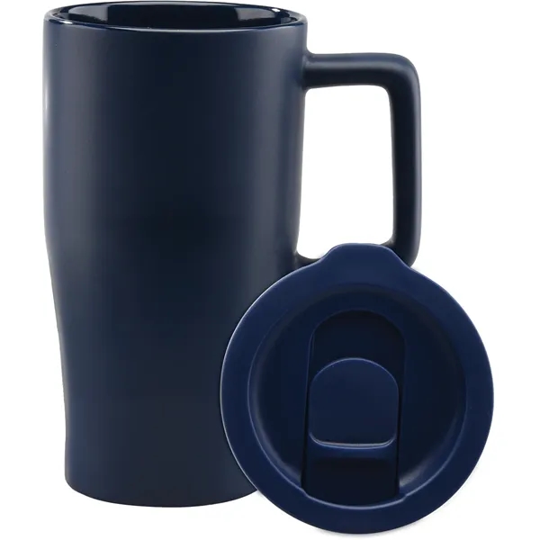 Sleek ceramic retro shape travel tumbler with color-coordinated plastic, push-on, thumb-slide... from ASI 71920 Moderne Glass Company Inc