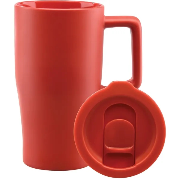 Sleek ceramic retro shape travel tumbler with color-coordinated plastic, push-on, thumb-slide... from ASI 71920 Moderne Glass Company Inc