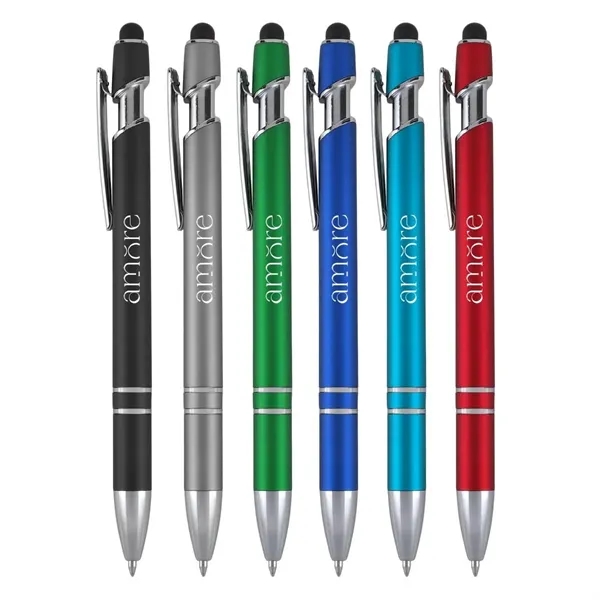 Plunger action pen with a stylus on top and gel ink.... from ASI 52840 Evans Manufacturing