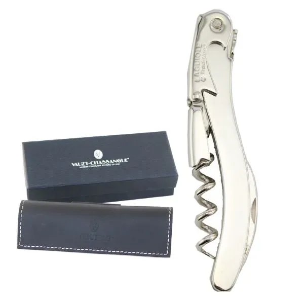 Handcrafted two-lever corkscrew with a metal plated handle and leather pouch.... from ASI 55450 Franmara Inc