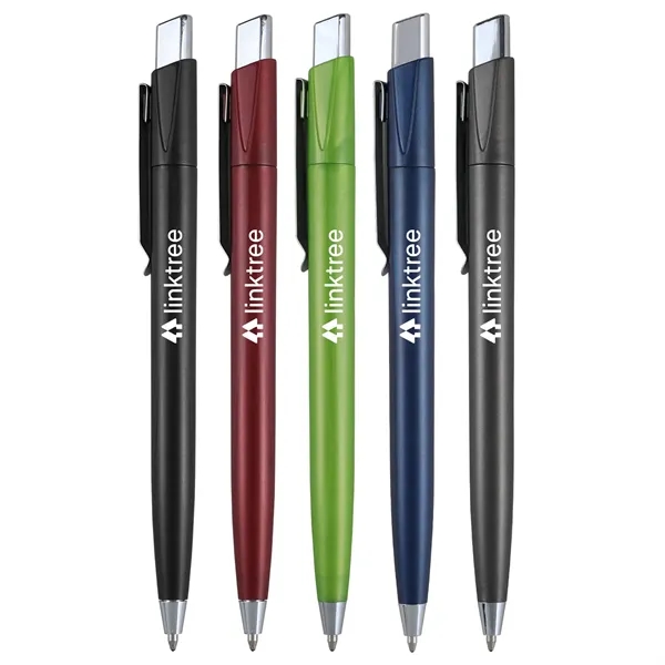 Retractable ballpoint pen with metallic colored barrel and chrome ferrule, plunger... from ASI 52840 Evans Manufacturing