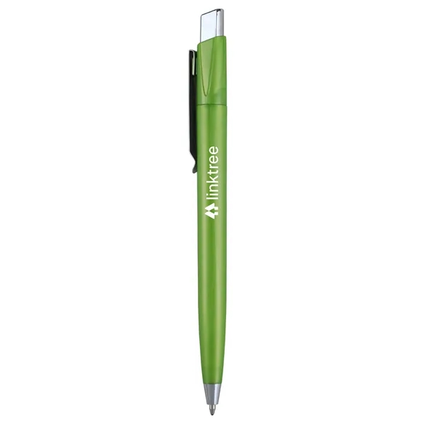 Retractable ballpoint pen with metallic colored barrel and chrome ferrule, plunger... from ASI 52840 Evans Manufacturing