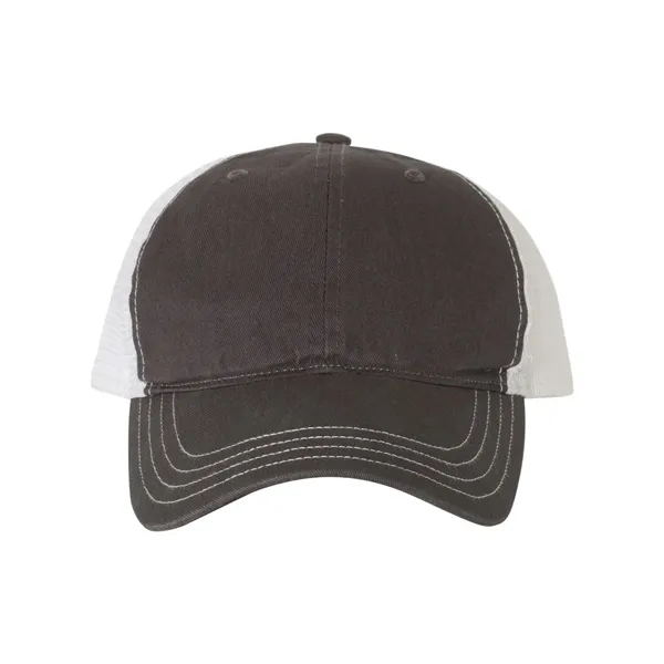 Washed trucker cap with a cotton front, mesh back, snapback closure,... from ASI 84358 S&S Activewear
