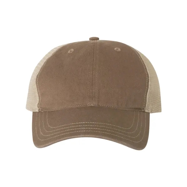 Washed trucker cap with a cotton front, mesh back, snapback closure,... from ASI 84358 S&S Activewear