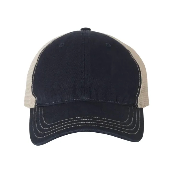 Washed trucker cap with a cotton front, mesh back, snapback closure,... from ASI 84358 S&S Activewear