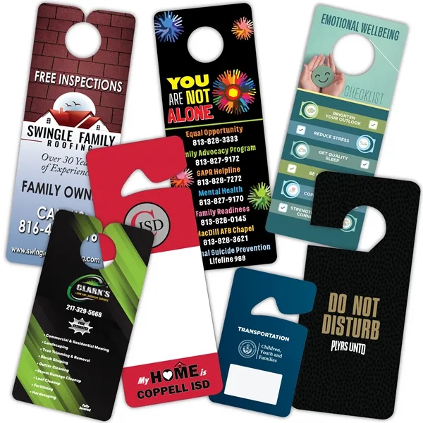 Door hanger with a standard thickness, 18 pt laminated white stock... from ASI 53408 Express-A-Button / Express-A-Button Samco
