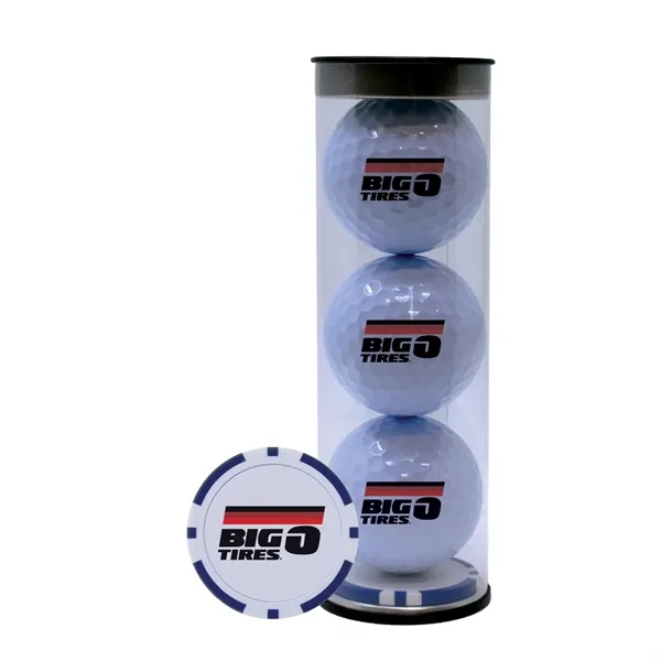 Three TaylorMade Distance Plus golf balls and a poker chip ball... from ASI 38120 Ball Pro / Diversified Quality Kitchenware