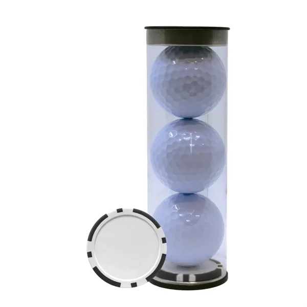 Three TaylorMade Distance Plus golf balls and a poker chip ball... from ASI 38120 Ball Pro / Diversified Quality Kitchenware