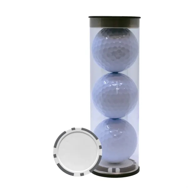 Three TaylorMade Distance Plus golf balls and a poker chip ball... from ASI 38120 Ball Pro / Diversified Quality Kitchenware