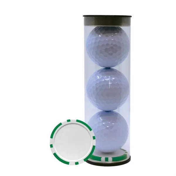 Three TaylorMade Distance Plus golf balls and a poker chip ball... from ASI 38120 Ball Pro / Diversified Quality Kitchenware