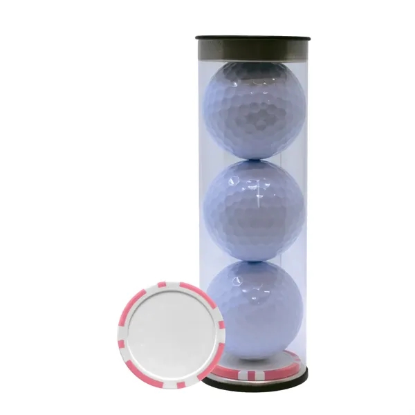 Three TaylorMade Distance Plus golf balls and a poker chip ball... from ASI 38120 Ball Pro / Diversified Quality Kitchenware