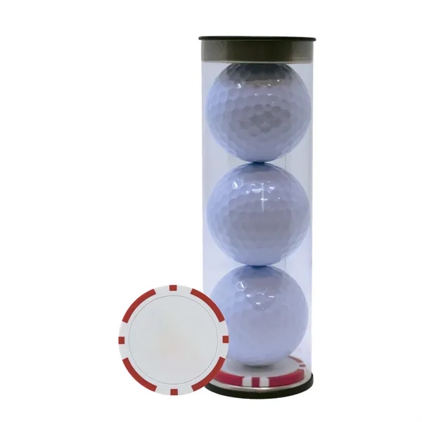 Three TaylorMade Distance Plus golf balls and a poker chip ball... from ASI 38120 Ball Pro / Diversified Quality Kitchenware